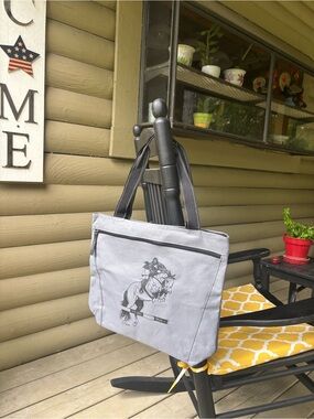 Gray Canvas Tote with Equestrian Print and Black Straps